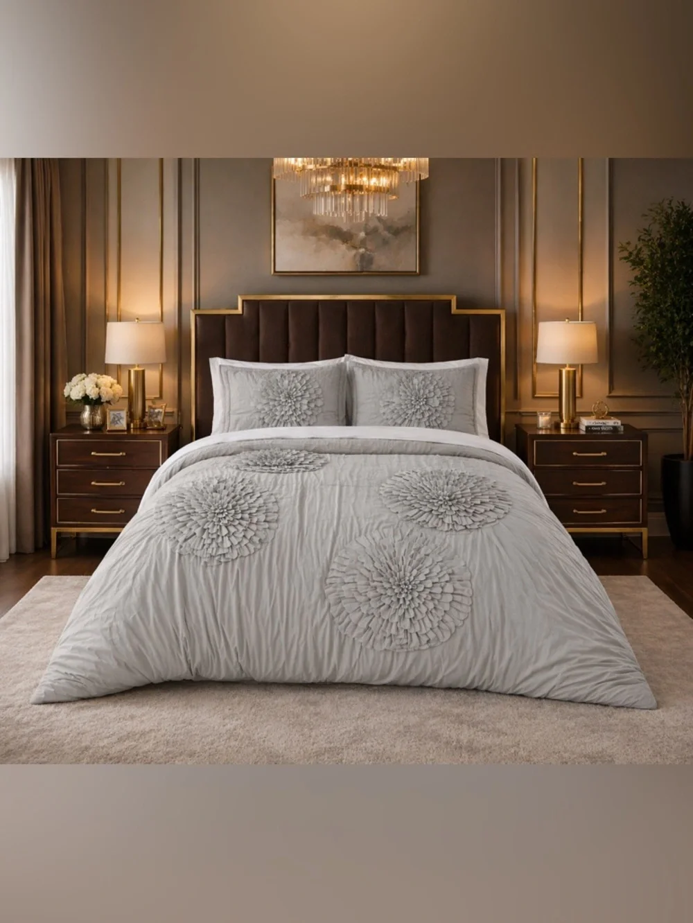 New Lush Decor Serena King Bedding Set 3PC Gray Floral Luxury Comforter NWT